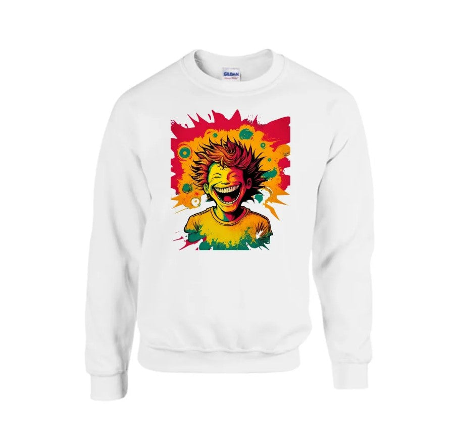 Vibrant Smiling Character Red Sweatshirt Bold Artistic Design