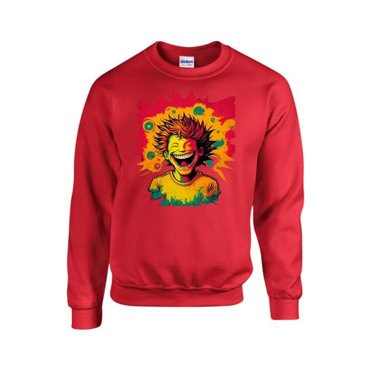 Vibrant Smiling Character Red Sweatshirt Bold Artistic Design